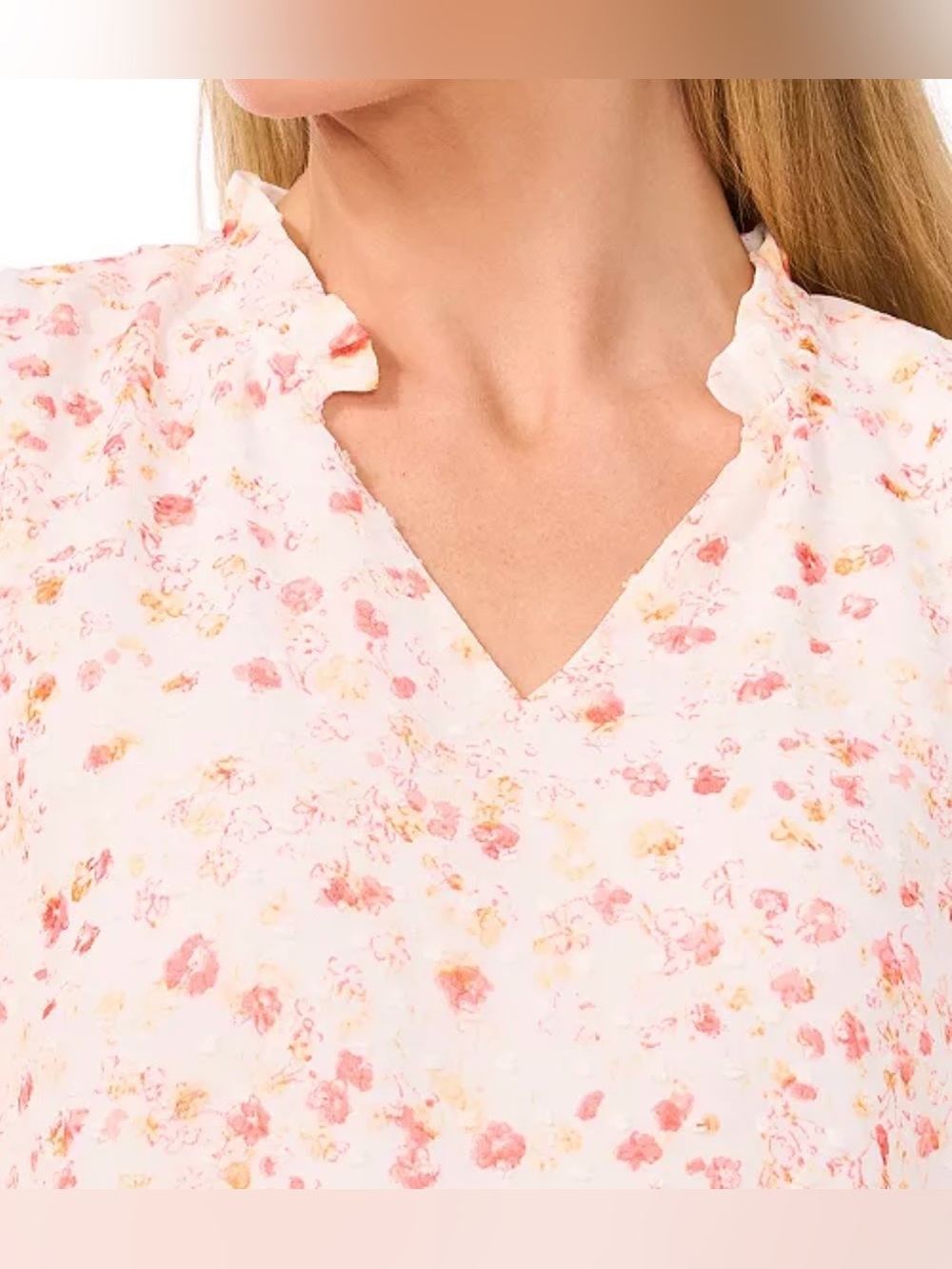 NWOT CeCe Women's Floral Clip Dot Smocked-Cuff V-Neck Blouse! - Picture 3 of 3